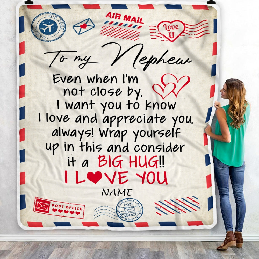 Personalized To My Nephew Blanket From Aunt Uncle Auntie I Love You Hugs Air Mail Letter Birthday Christmas Thanksgiving Graduation Customized Fleece Blanket Blanket | Teecentury.com