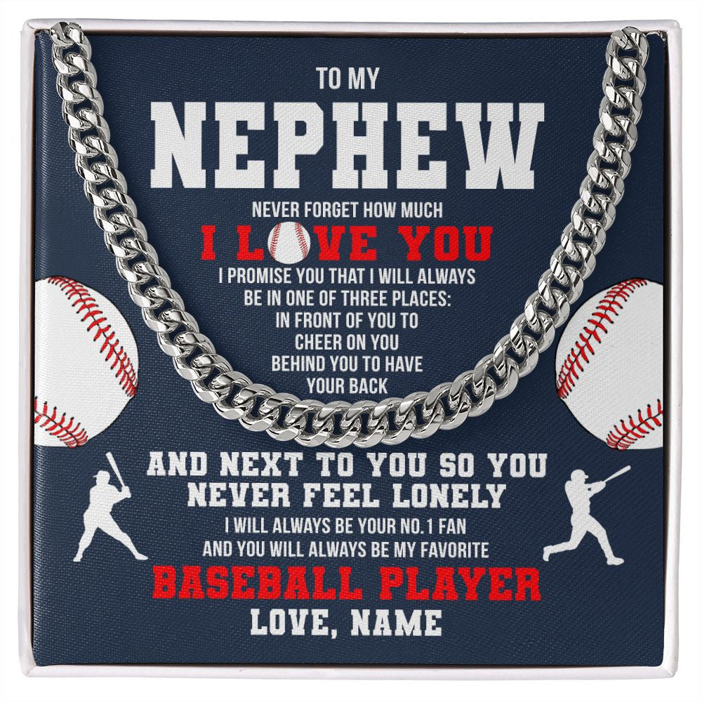 Cuban Link Chain Necklace | Personalized To My Nephew Necklace From Aunt Uncle Auntie Never Forget I Love You Baseball Nephew Birthday Christmas Customized Gift Box Message Card | teecentury