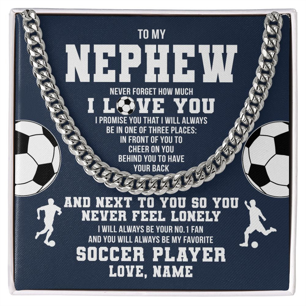 Cuban Link Chain Necklace | Personalized To My Nephew Necklace From Aunt Uncle Auntie Never Forget I Love You Soccer Nephew Birthday Christmas Customized Gift Box Message Card | teecentury