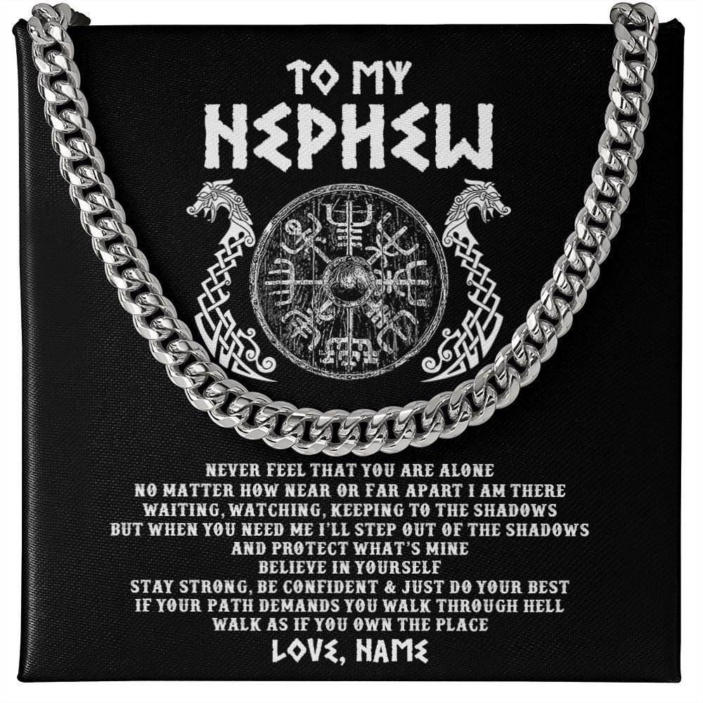 Cuban Link Chain Necklace | Personalized To My Nephew Necklace Viking Never Feel You Are Alone Odin Scandinavian Norse Runes Nephew Birthday Christmas Customized Gift Message Card | teecentury