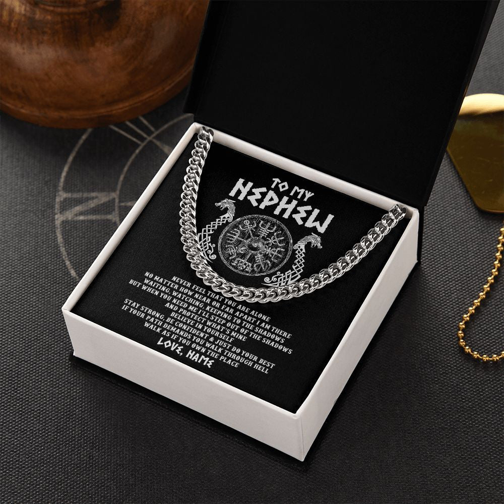 Cuban Link Chain Necklace | Personalized To My Nephew Necklace Viking Never Feel You Are Alone Odin Scandinavian Norse Runes Nephew Birthday Christmas Customized Gift Message Card | teecentury