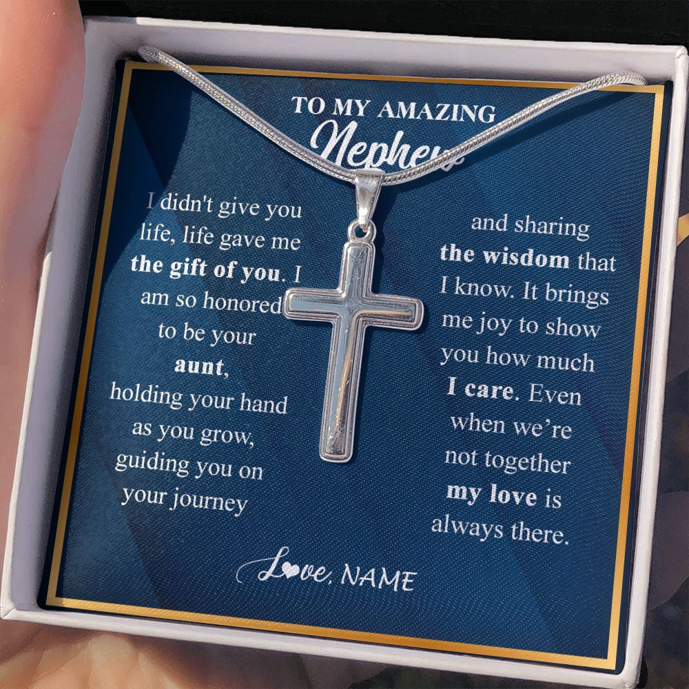 Stainless Cross Necklace | Personalized To My Nephew Necklace from Aunt Life Gave Me The Gift Of You Nephew Birthday Graduation Christmas Jewelry Customized Gift Box Message Card | teecentury