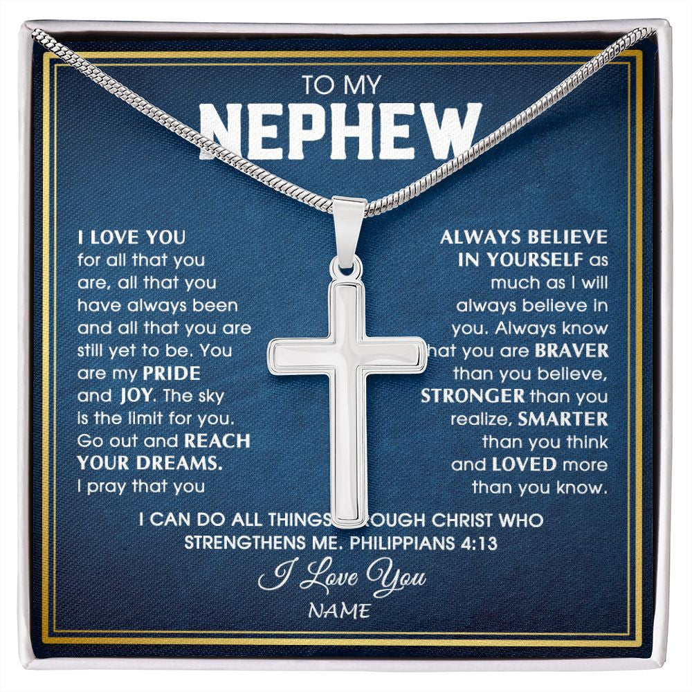 Stainless Cross Necklace | Personalized To My Nephew Necklace from Aunt Uncle I Love You For All That You Are Nephew Birthday Graduation Christmas Customized Gift Box Message Card | teecentury
