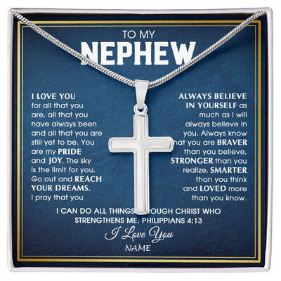 Stainless Cross Necklace | Personalized To My Nephew Necklace from Aunt Uncle I Love You For All That You Are Nephew Birthday Graduation Christmas Customized Gift Box Message Card | teecentury