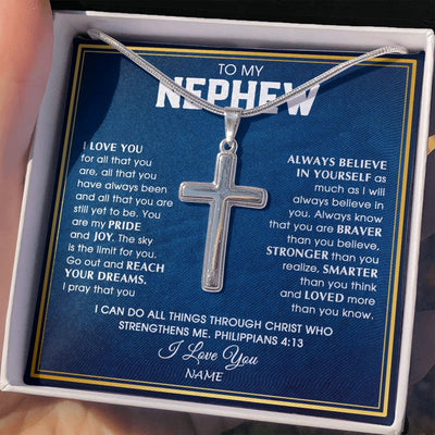 Stainless Cross Necklace | Personalized To My Nephew Necklace from Aunt Uncle I Love You For All That You Are Nephew Birthday Graduation Christmas Customized Gift Box Message Card | teecentury