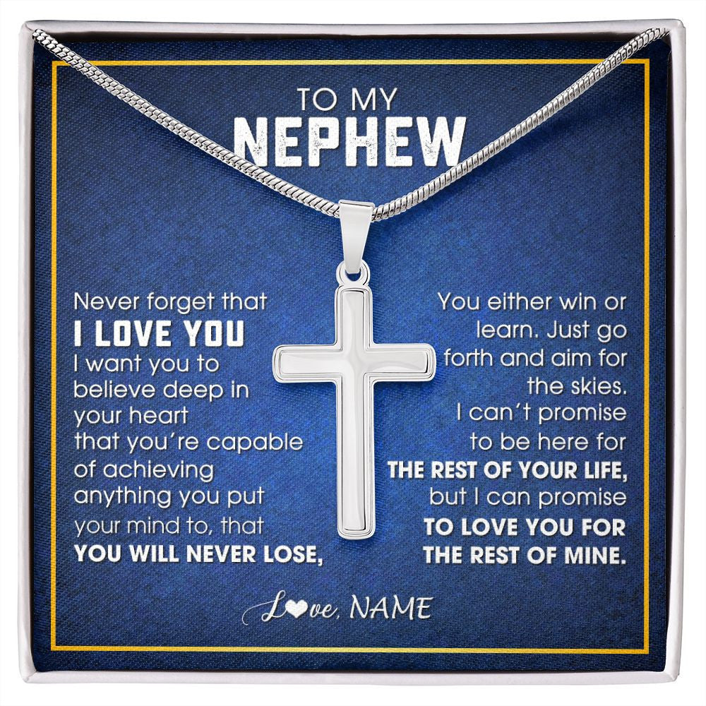 Stainless Cross Necklace | Personalized To My Nephew Necklace from Aunt Uncle Never Forget That I Love You Nephew Birthday Graduation Christmas Jewelry Customized Gift Box Message Card | teecentury