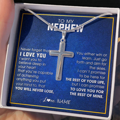 Stainless Cross Necklace | Personalized To My Nephew Necklace from Aunt Uncle Never Forget That I Love You Nephew Birthday Graduation Christmas Jewelry Customized Gift Box Message Card | teecentury