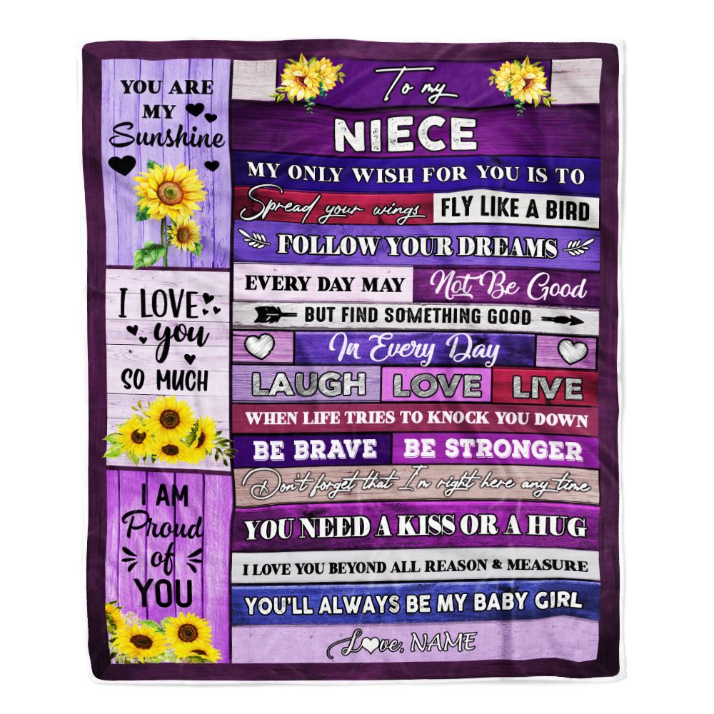 Personalized To My Niece Blanket From Aunt Auntie Uncle Wood Laugh Love Live Sunflower Niece Birthday Graduation Christmas Customized Bed Fleece Throw Blanket | teecentury