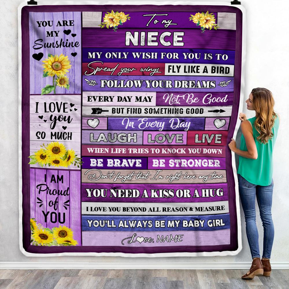 Personalized To My Niece Blanket From Aunt Auntie Uncle Wood Laugh Love Live Sunflower Niece Birthday Graduation Christmas Customized Bed Fleece Throw Blanket | teecentury