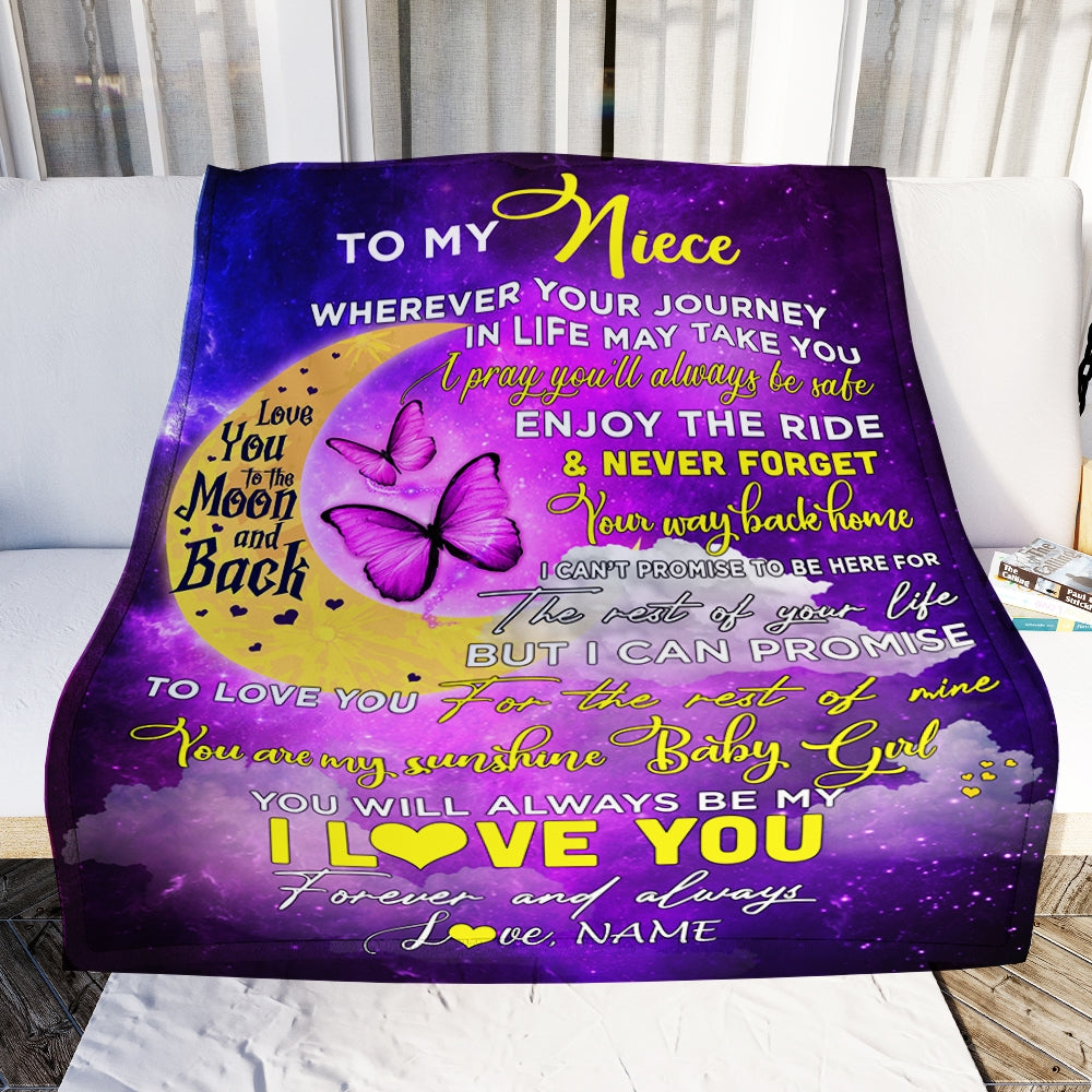 Personalized To My Niece Blanket From Aunt Auntie Uncle You To The Moon And Back Butterfly Niece Birthday Christmas Customized Fleece Blanket Blanket | Teecentury.com