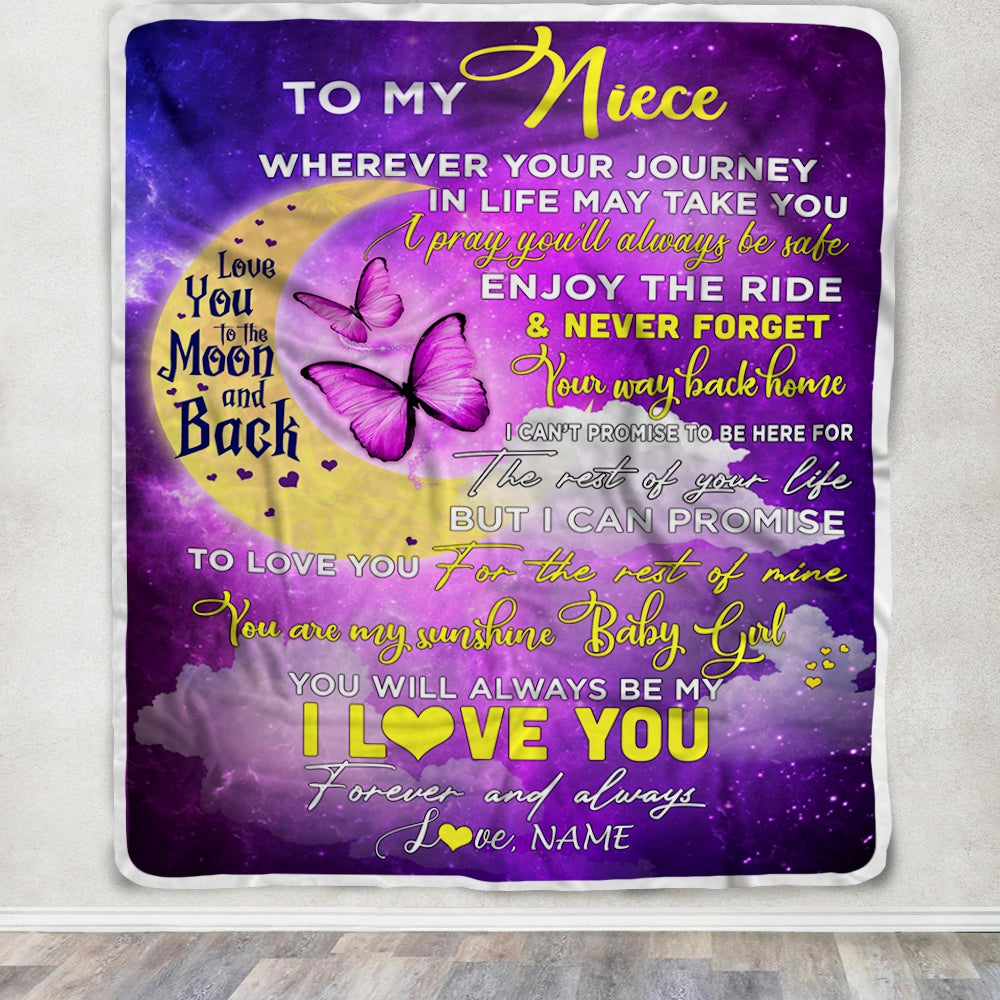 Personalized To My Niece Blanket From Aunt Auntie Uncle You To The Moon And Back Butterfly Niece Birthday Christmas Customized Fleece Blanket Blanket | Teecentury.com