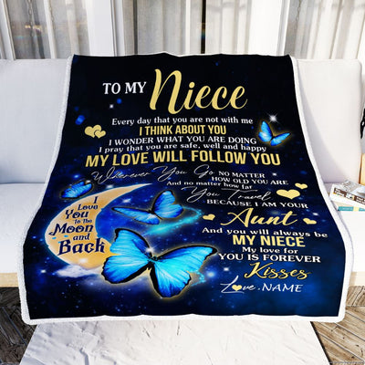 Personalized To My Niece Blanket From Aunt Butterfly My Love Will Follow You Niece Birthday Graduation Christmas Customized Fleece Throw Blanket | teecentury