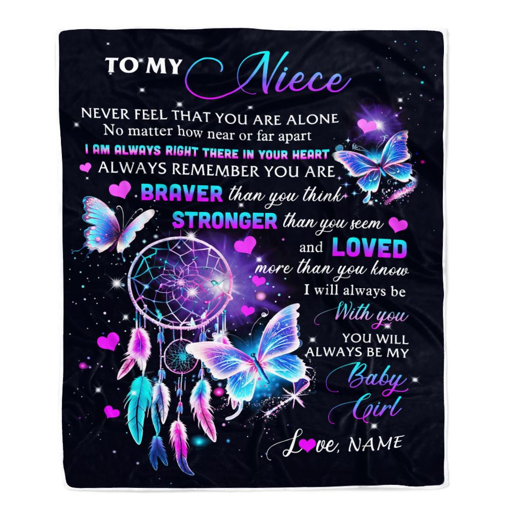 Personalized To My Niece Blanket From Aunt Uncle Auntie Butterfly Braver Stronger Loved Niece Birthday Graduation Christmas Customized Fleece Throw Blanket | teecentury