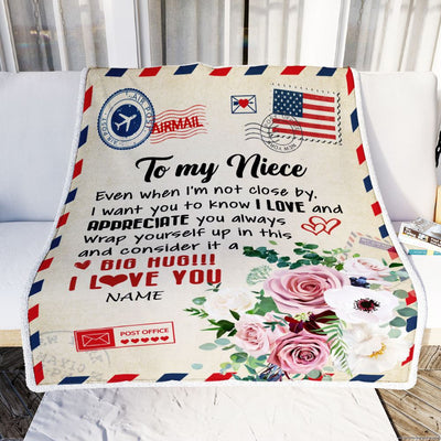 Personalized To My Niece Blanket From Aunt Uncle Auntie Floral Air Mail Letter I Love You Niece Birthday Christmas Customized Fleece Throw Blanket | teecentury