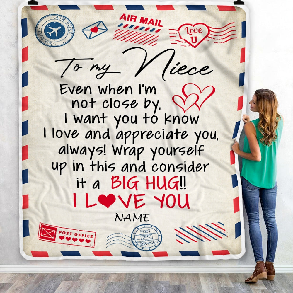 Personalized To My Niece Blanket From Aunt Uncle Auntie I Love You Hugs Air Mail Letter Birthday Christmas Thanksgiving Graduation Customized Fleece Blanket Blanket | Teecentury.com