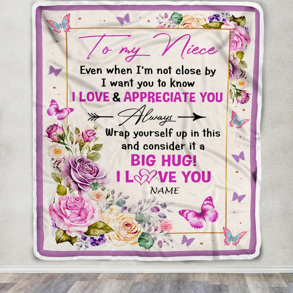 Personalized To My Niece Blanket From Aunt Uncle It A Big Hug Butterfly Rose Niece Birthday Thanksgiving Christmas Customized Fleece Throw Blanket | teecentury