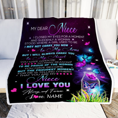 Personalized To My Niece Blanket From Uncle Aunt Butterfly Proud Of The Woman Niece Birthday Thanksgiving Christmas Customized Bed Quilt Fleece Throw Blanket Blanket | Teecentury.com