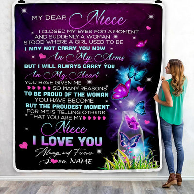 Personalized To My Niece Blanket From Uncle Aunt Butterfly Proud Of The Woman Niece Birthday Thanksgiving Christmas Customized Bed Quilt Fleece Throw Blanket Blanket | Teecentury.com