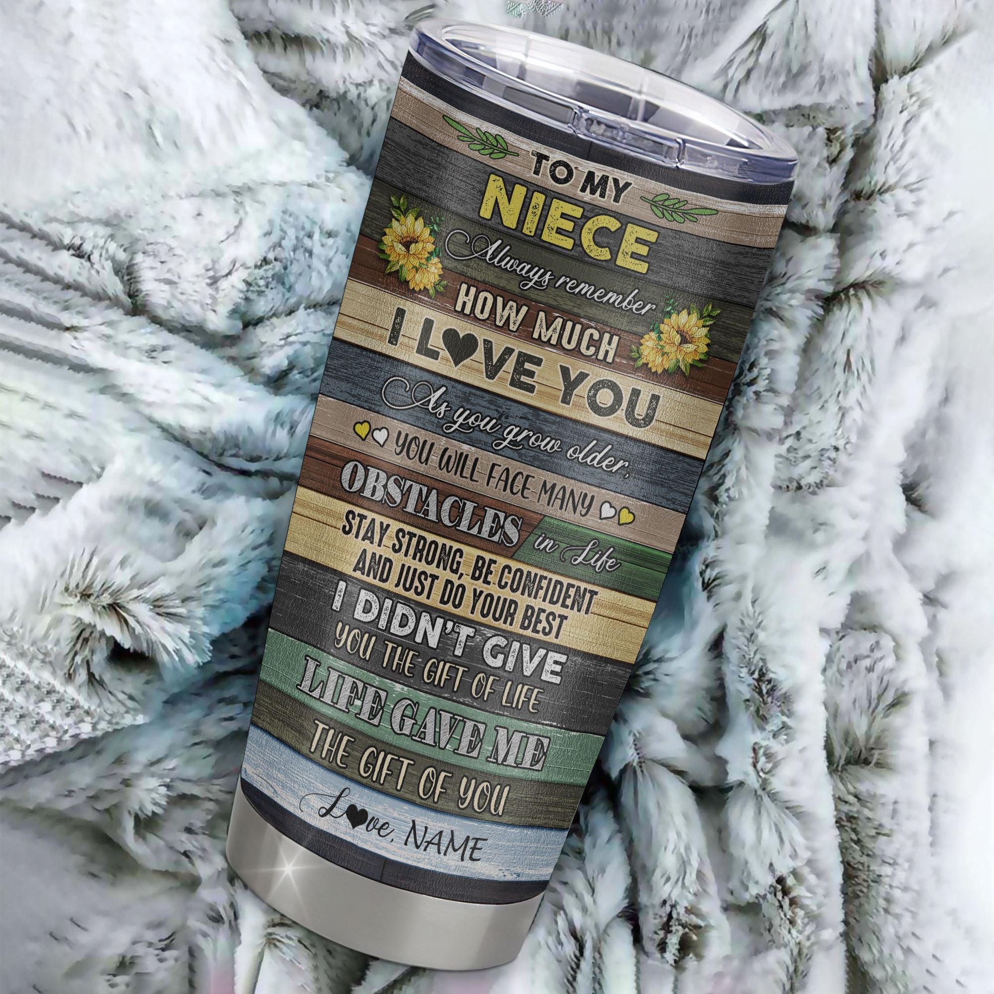 Personalized To My Niece From Aunt Uncle Auntie Stainless Steel Tumbler Cup Always Remember How Much I Love You Wood Sunflower Niece Birthday Christmas Travel Mug | teecentury