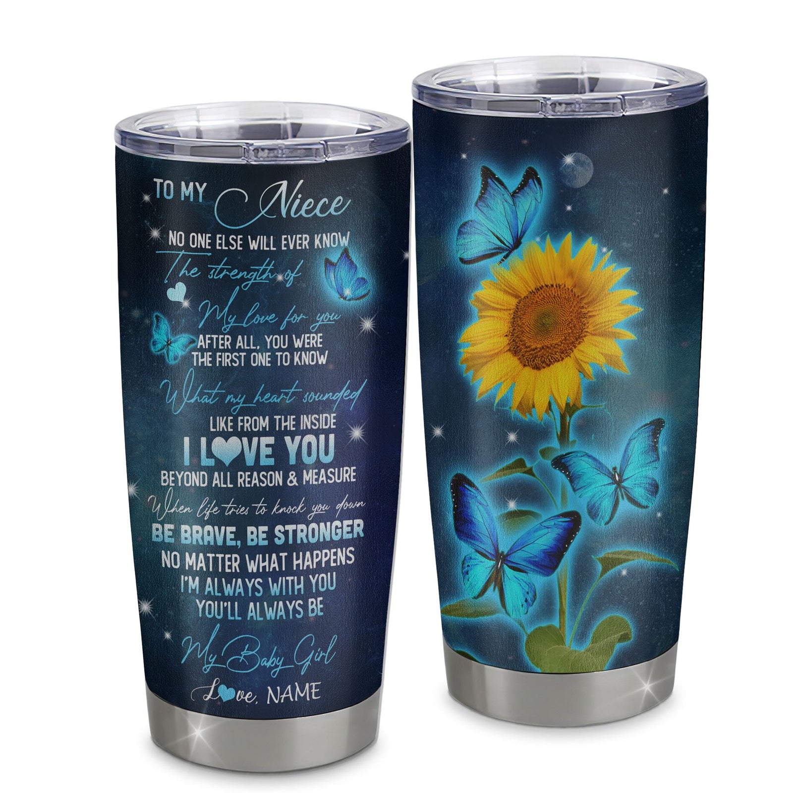 Personalized To My Niece From Aunt Uncle Stainless Steel Tumbler Cup Be Brave Be Stronger Butterfly Sunflower Niece Birthday Graduation Christmas Travel Mug | teecentury