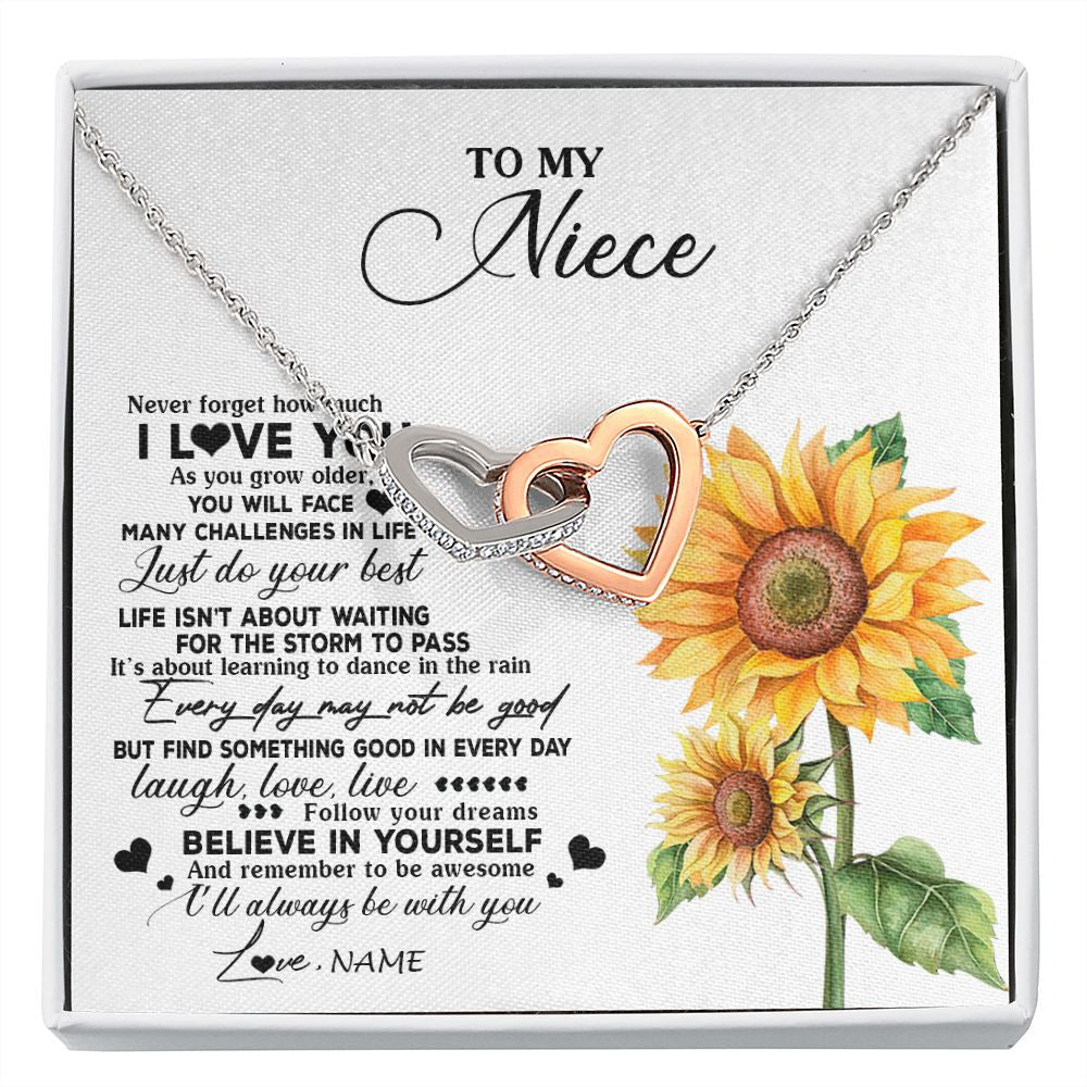 Interlocking Hearts Necklace | Personalized To My Niece Necklace From Aunt Auntie Auntie Sunflower Wood Laugh Love Live Niece Birthday Graduation Christmas Customized Gift Box Message Card | teecentury