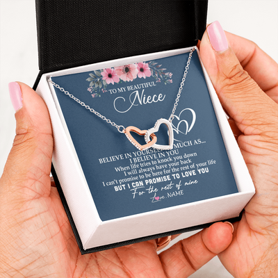 Interlocking Hearts Necklace | Personalized To My Niece Necklace From Aunt Auntie Believe In Yourself Niece Birthday Graduation Christmas Customized Message Card | teecentury