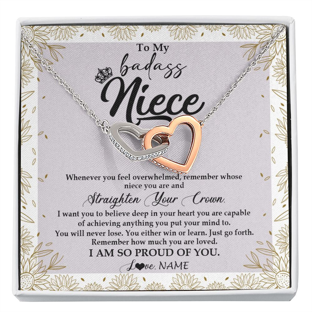 Interlocking Hearts Necklace | Personalized To My Niece Necklace From Aunt Uncle Auntie Straighten Your Crown Niece Birthday Christmas Graduation Jewelry Customized Gift Box Message Card | teecentury