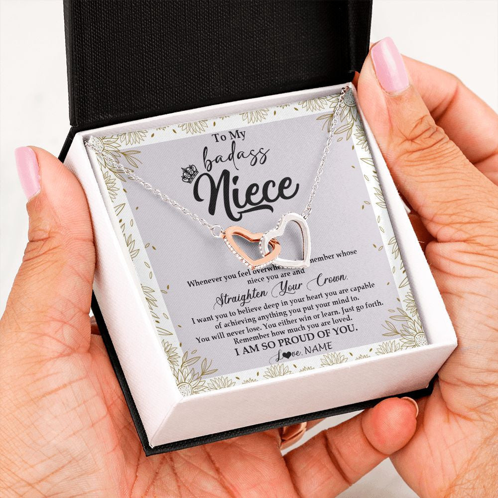 Interlocking Hearts Necklace | Personalized To My Niece Necklace From Aunt Uncle Auntie Straighten Your Crown Niece Birthday Christmas Graduation Jewelry Customized Gift Box Message Card | teecentury