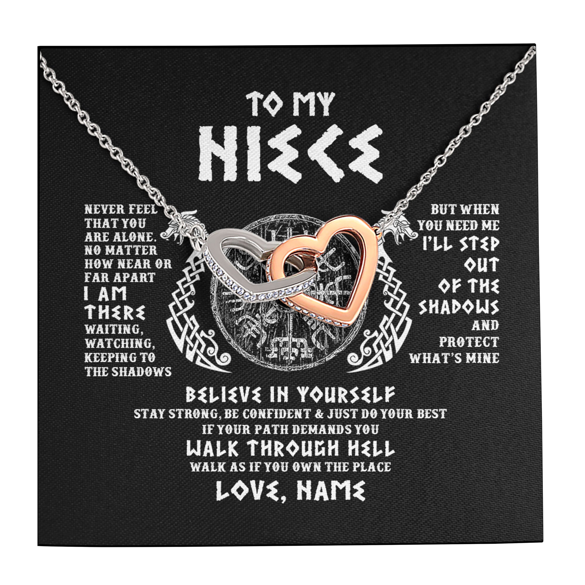 Interlocking Hearts Necklace | Personalized To My Niece Necklace Viking Never Feel You Are Alone Odin Scandinavian Norse Runes Niece Birthday Christmas Pendant Customized Gift Message Card | teecentury
