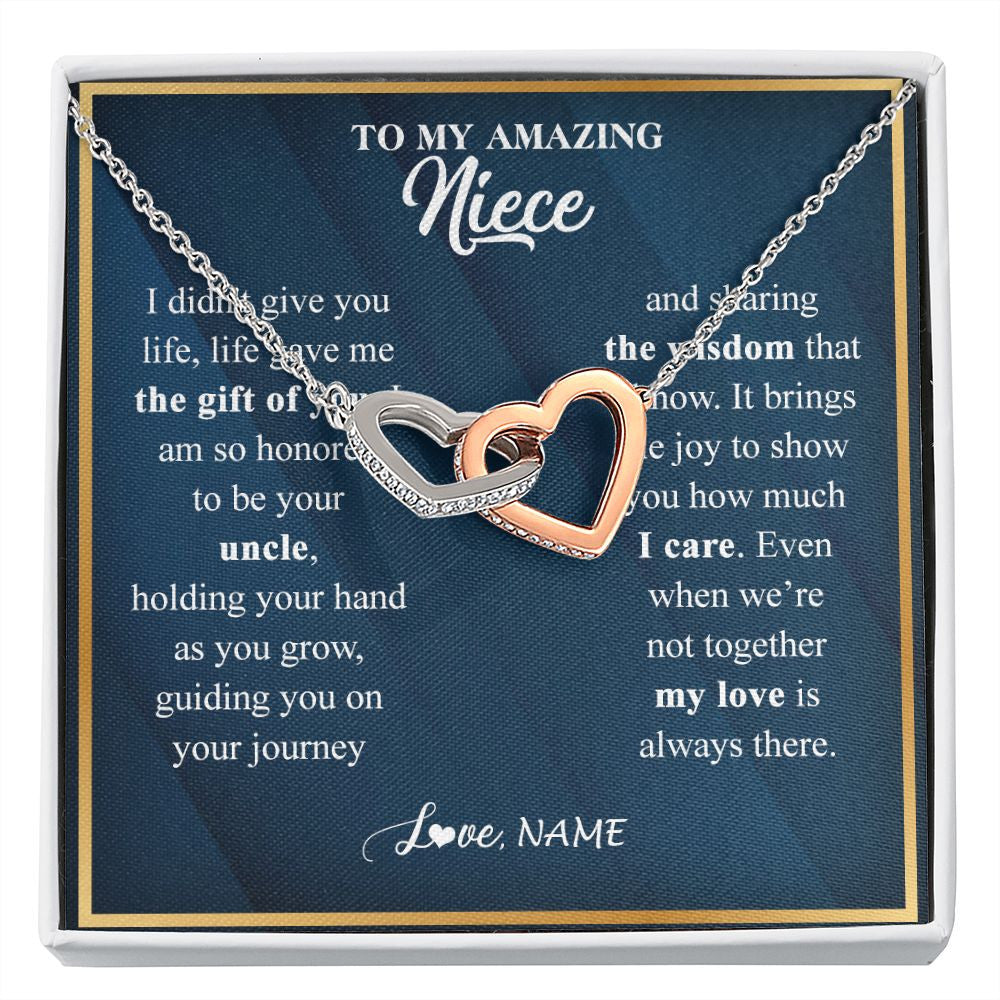 Interlocking Hearts Necklace | Personalized To My Niece Necklace from Uncle Life Gave Me The Gift Of You Niece Birthday Graduation Christmas Jewelry Customized Gift Box Message Card | teecentury