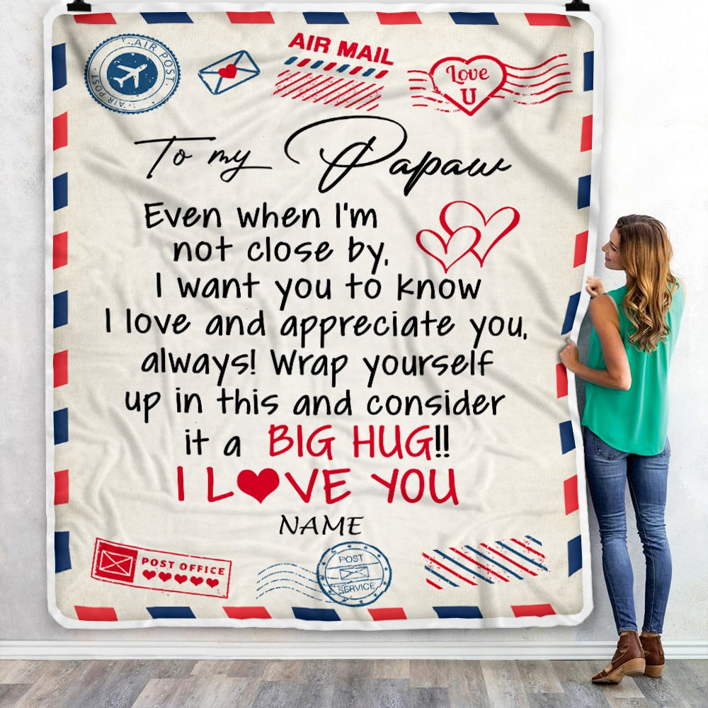 Personalized To My Papaw Blanket From Grandkids I Love You Hugs Air Mail Letter Papaw Birthday Fathers Day Christmas Customized Fleece Blanket Blanket | Teecentury.com