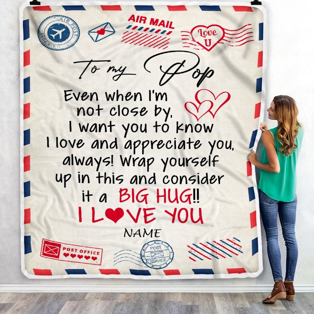 Personalized To My Pop Blanket From Grandkids I Love You Hugs Air Mail Letter Pop Birthday Fathers Day Christmas Customized Fleece Blanket Blanket | Teecentury.com
