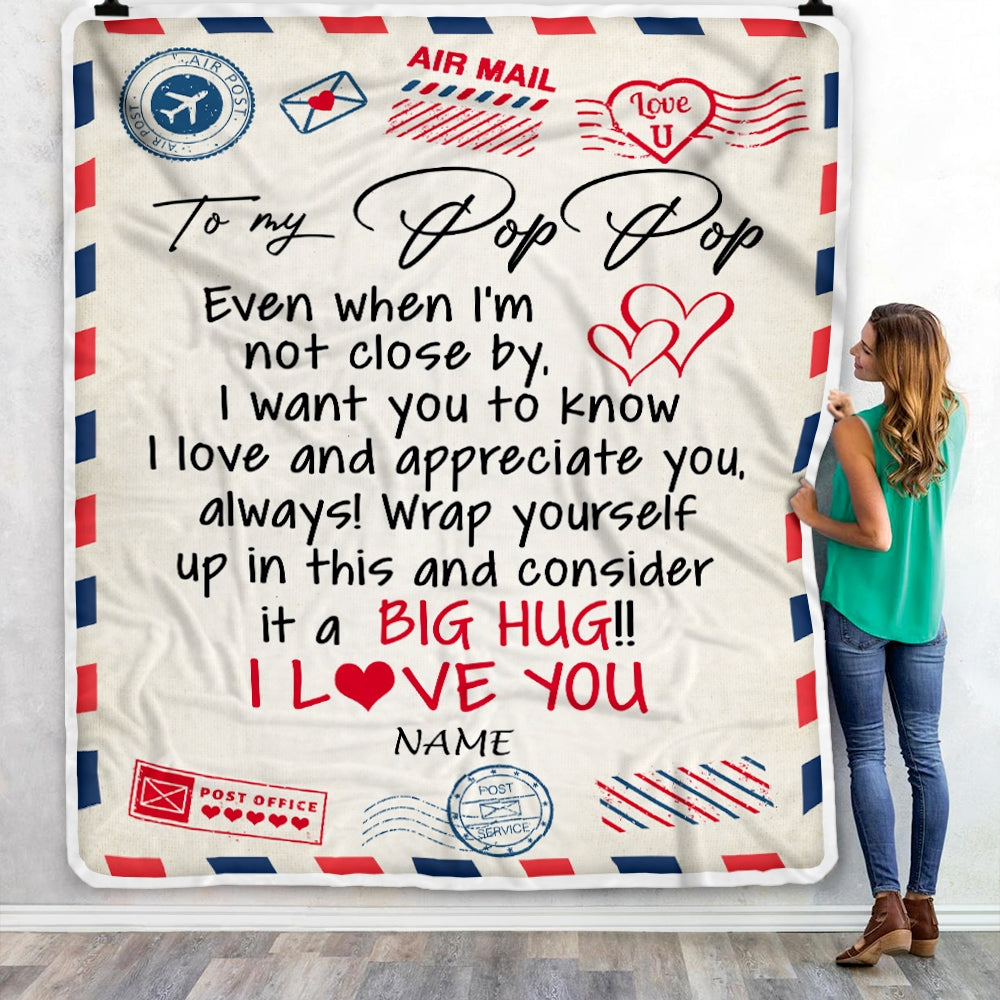 Personalized To My Pop Pop Blanket From Grandkids I Love You Hugs Air Mail Letter Pop Pop Birthday Fathers Day Christmas Customized Fleece Blanket Blanket | Teecentury.com