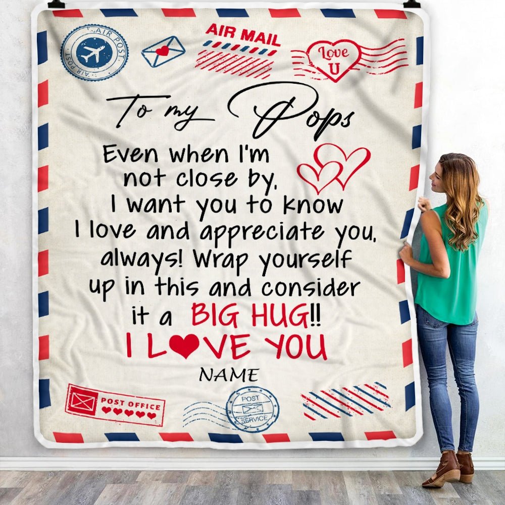 Personalized To My Pops Blanket From Grandkids I Love You Hugs Air Mail Letter Pops Birthday Fathers Day Christmas Customized Fleece Blanket Blanket | Teecentury.com
