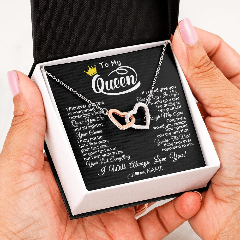Interlocking Hearts Necklace | Personalized To My Queen Necklace From Husband Whenever You Feel Overwhelmed Wife Soulmate Valentines Day Birthday Christmas Customized Gift Box Message Card | teecentury