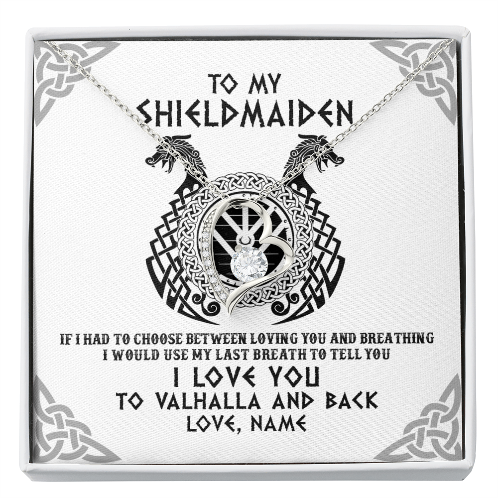 Forever Love Necklace | Personalized To My Shieldmaiden Necklace From Husband I Love You to Valhalla Viking Jewelry Women Birthday Wife Girlfriend Anniversary Customized Message Card | teecentury