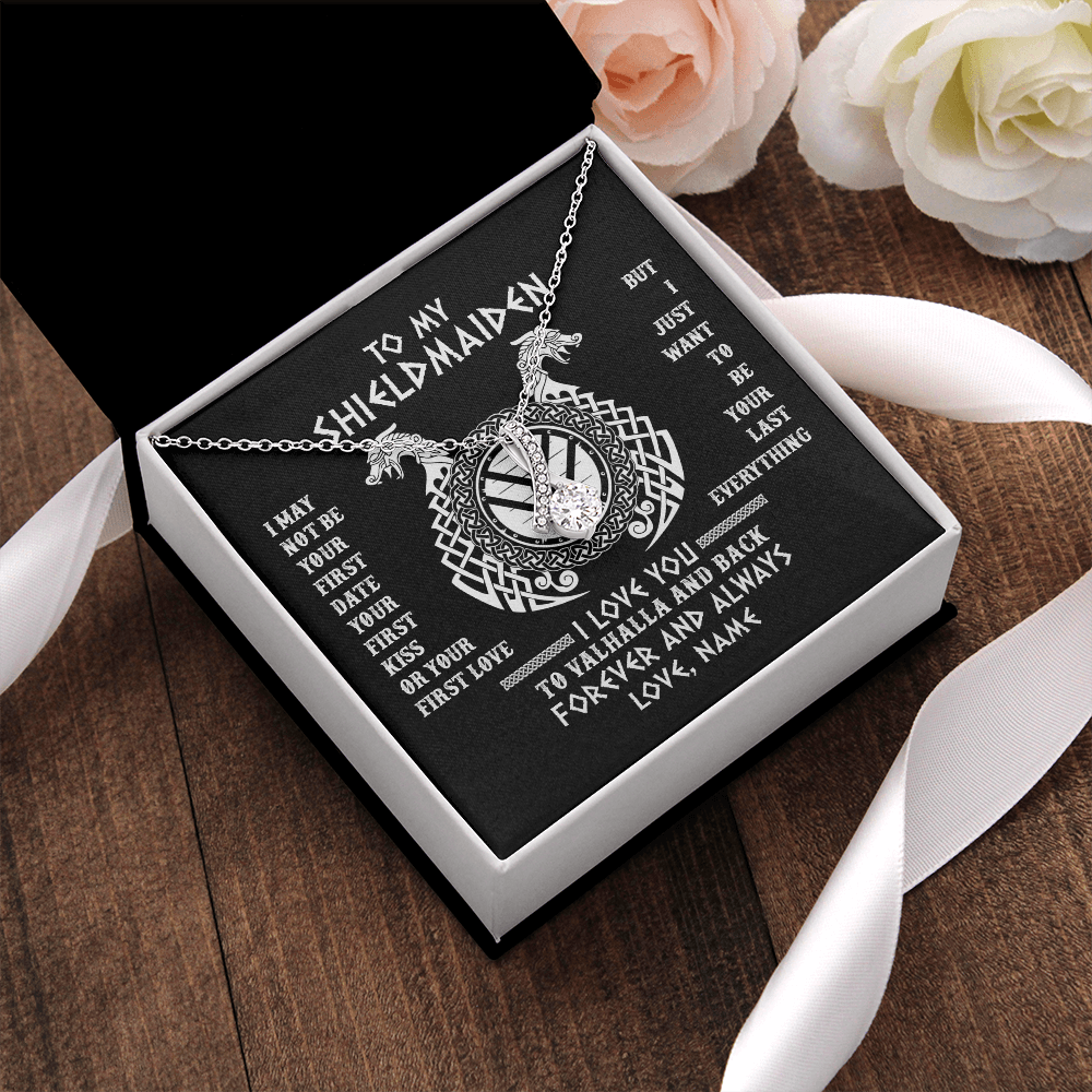 Alluring Beauty Necklace | Personalized To My Shieldmaiden Necklace I Love You to Valhalla and Back Viking Jewelry For Women Birthday Wife Girlfriend Anniversary Customized Message Card | teecentury