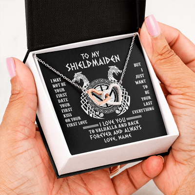 Interlocking Hearts Necklace | Personalized To My Shieldmaiden Necklace I Love You to Valhalla and Back Viking Jewelry For Women Birthday Wife Girlfriend Anniversary Customized Message Card | teecentury