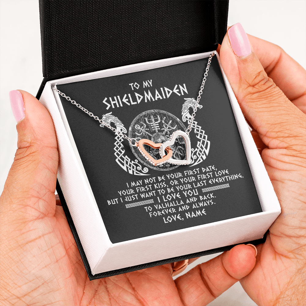 Interlocking Hearts Necklace | Personalized To My Shieldmaiden Necklace Viking I Love You to Valhalla Jewelry For Wife Girlfriend From Husband Birthday Anniversary Customized Message Card | teecentury