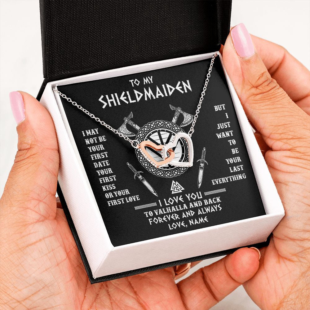 Interlocking Hearts Necklace | Personalized To My Shieldmaiden Viking Necklace I Love You To Valhalla And Back Wife Girlfriend Women Birthday Anniversary Customized Gift Box Message Card | teecentury