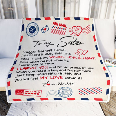 Personalized To My Sister Blanket From Brother Air Mail Letter I Love You Sister Birthday Christmas Thanksgiving Customized Fleece Throw Blanket | teecentury