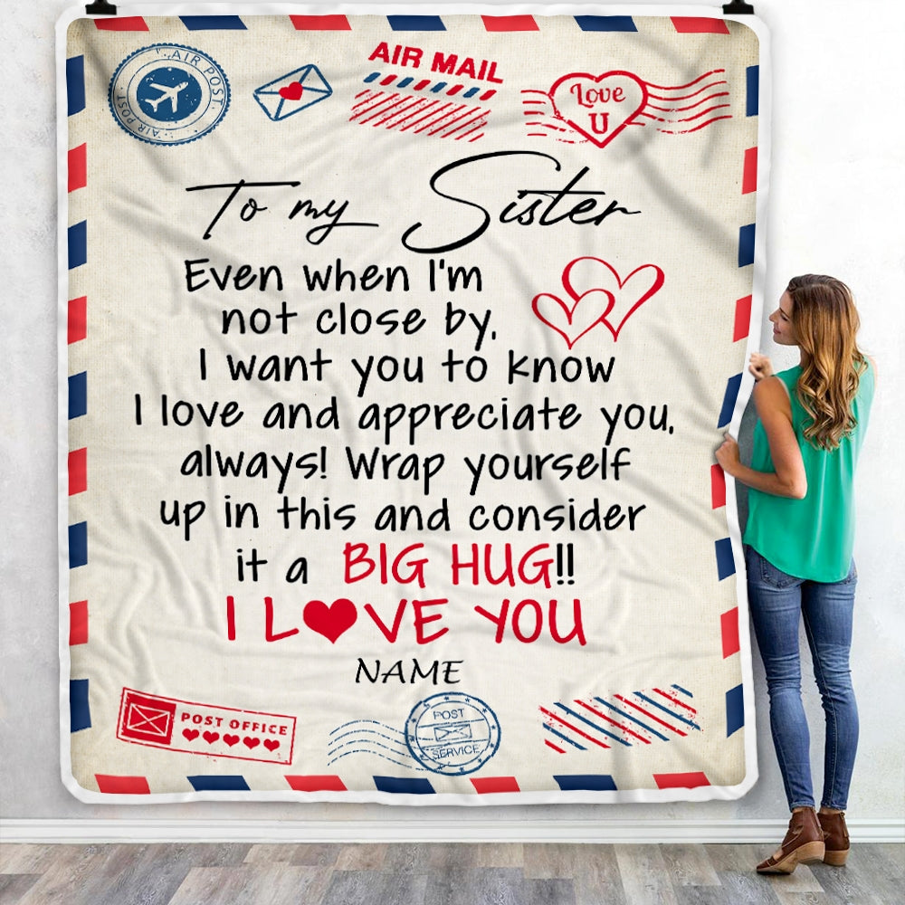 Personalized To My Sister Blanket From Brother I Love You Hugs Air Mail Letter Birthday Christmas Thanksgiving Graduation Customized Fleece Blanket Blanket | Teecentury.com