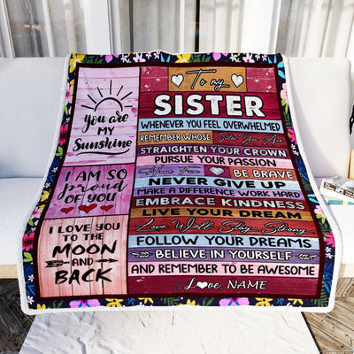 Personalized To My Sister Blanket From Brother Never Believe In Yourself Awesome Pink Wood Sister Birthday Graduation Christmas Customized Fleece Blanket Blanket | Teecentury.com
