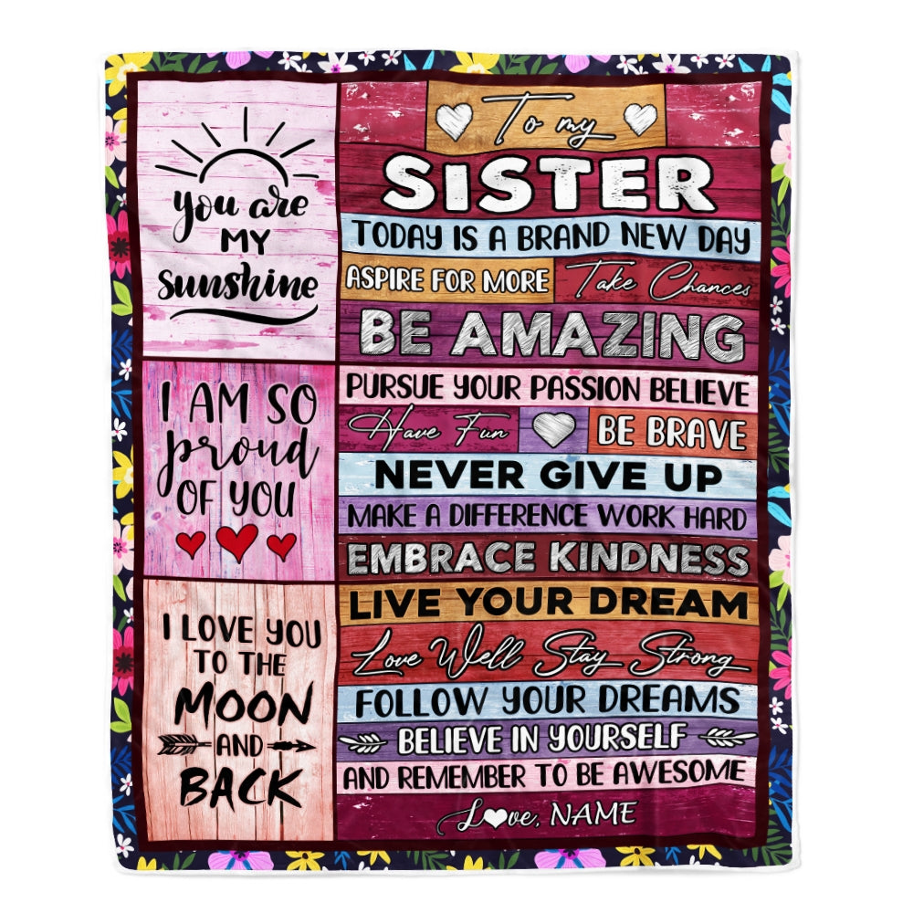 Personalized To My Sister Blanket From Brother Never Give Up Live Your Dream Pink Wood Sister Birthday Graduation Christmas Customized Fleece Blanket Blanket | Teecentury.com