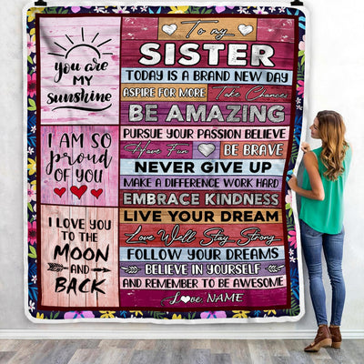 Personalized To My Sister Blanket From Brother Never Give Up Live Your Dream Pink Wood Sister Birthday Graduation Christmas Customized Fleece Blanket Blanket | Teecentury.com
