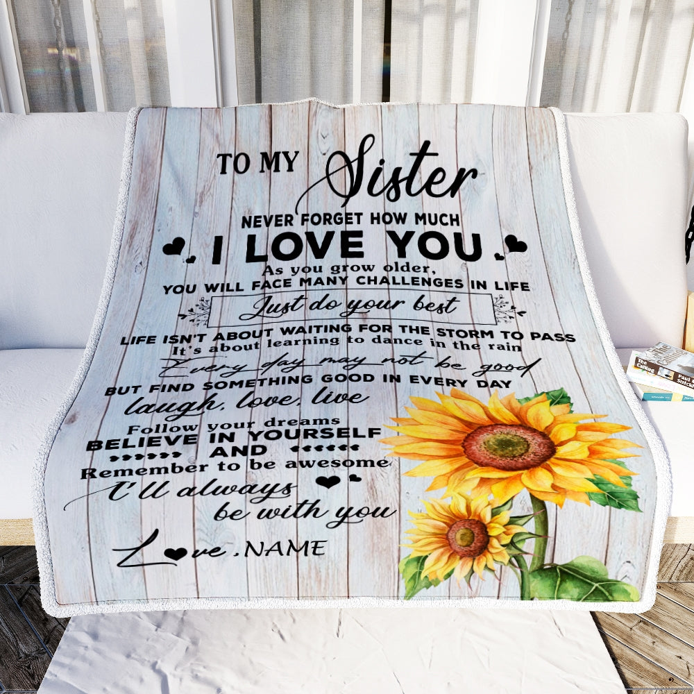 Personalized To My Sister Blanket From Brother Sunflower Wood Laugh Love Live Sister Birthday Graduation Christmas Customized Bed Quilt Fleece Throw Blanket | teecentury