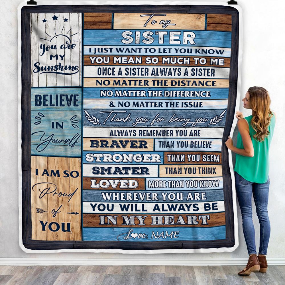 Personalized To My Sister Blanket From Brother Wood You Will Always Be In My Heart Sister Birthday Christmas Graduation Customized Bed Fleece Throw Blanket | teecentury