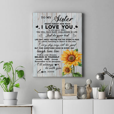 Personalized To My Sister Canvas From Brother Sunflower Wood Laugh Love Live Sister Birthday Graduation Christmas Custom Wall Art Print Home Decor Framed Canvas | teecentury