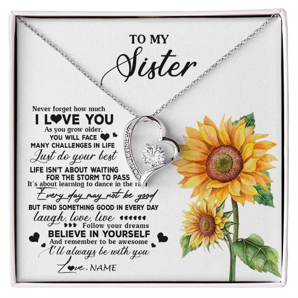 Forever Love Necklace | Personalized To My Sister Necklace From Brother Sunflower Wood Laugh Love Live Sister Birthday Graduation Christmas Customized Gift Box Message Card | teecentury