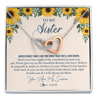 Interlocking Hearts Necklace | Personalized To My Sister Necklace From Brother Sunflower You Are My Sunshine Sister Jewelry Graduation Birthday Christmas Customized Gift Box Message Card | teecentury